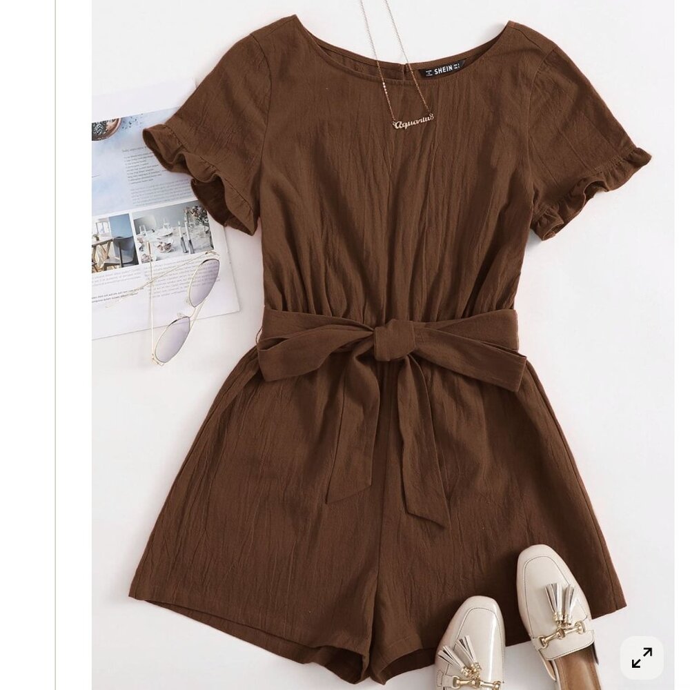 SHEIN Brown Shorts Romper with Tie Bow Belt Back Slit with Button